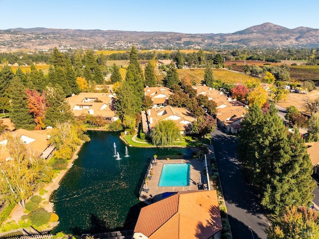bird's eye view featuring a water and mountain view