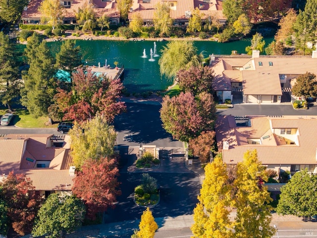 birds eye view of property featuring a residential view and a water view