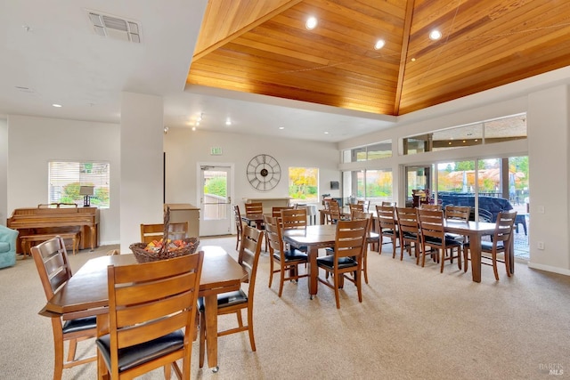 dining area featuring recessed lighting, wood ceiling, visible vents, and light carpet