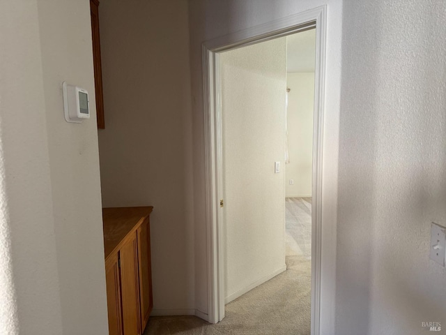 hall featuring light colored carpet