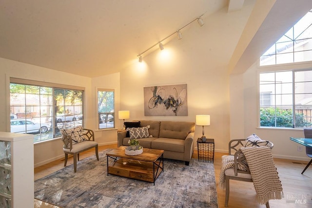 living room featuring lofted ceiling and track lighting