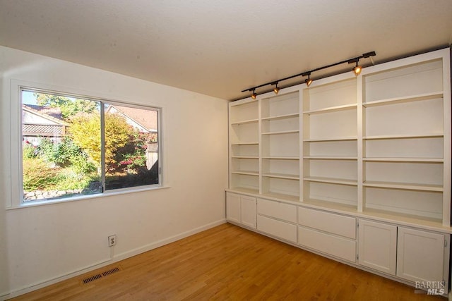 spare room featuring rail lighting, light hardwood / wood-style floors, and a wealth of natural light