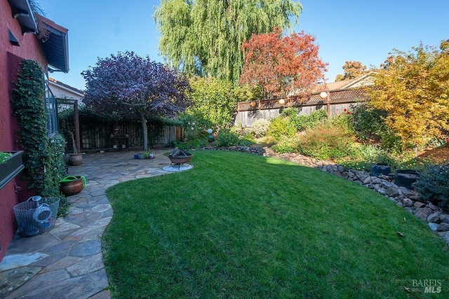 view of yard featuring an outdoor fire pit and a patio area