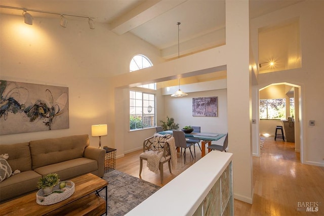 living room with beamed ceiling, high vaulted ceiling, and light hardwood / wood-style flooring