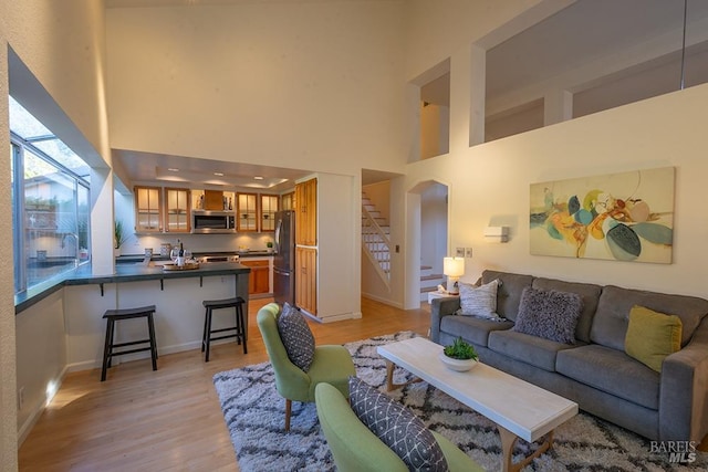 living room with a high ceiling and light hardwood / wood-style flooring