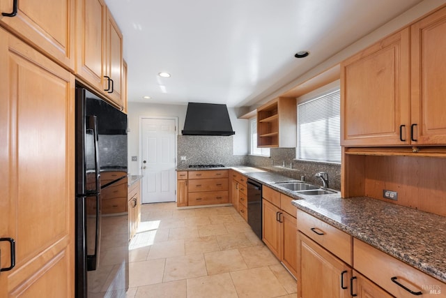 kitchen featuring sink, extractor fan, black appliances, light tile patterned floors, and backsplash