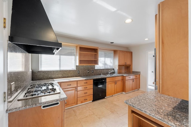 kitchen with stainless steel gas stovetop, dishwasher, plenty of natural light, and range hood