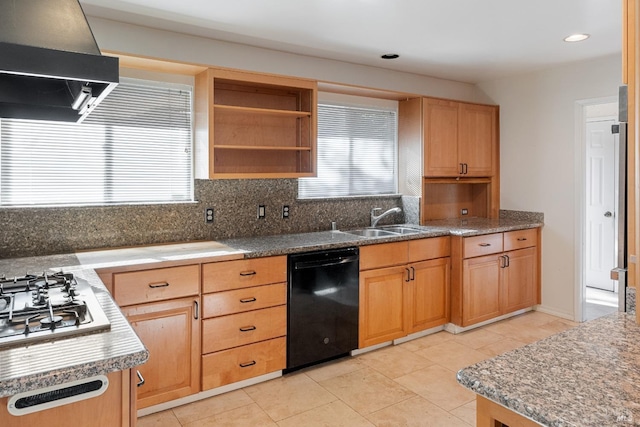 kitchen with extractor fan, a wealth of natural light, dishwasher, sink, and decorative backsplash