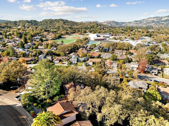 drone / aerial view featuring a mountain view