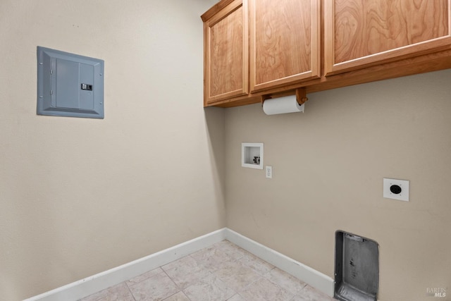 washroom with cabinet space, electric panel, baseboards, hookup for a washing machine, and electric dryer hookup