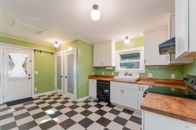 kitchen with range with electric cooktop, sink, black dishwasher, butcher block countertops, and white cabinets