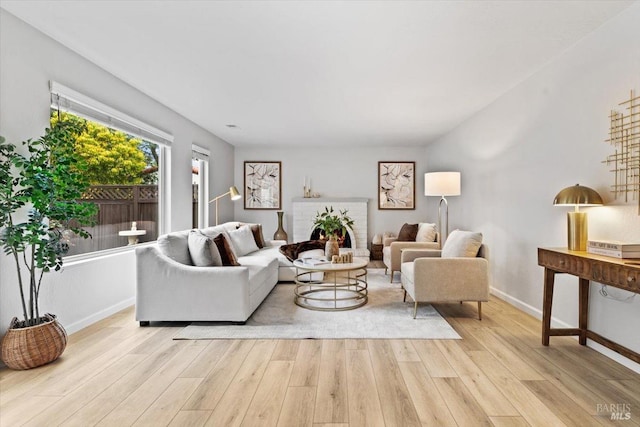 living area featuring baseboards and wood finished floors