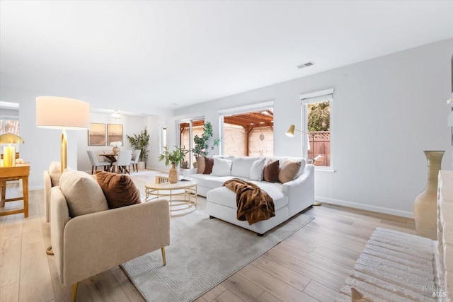 living area with light wood finished floors, visible vents, and baseboards