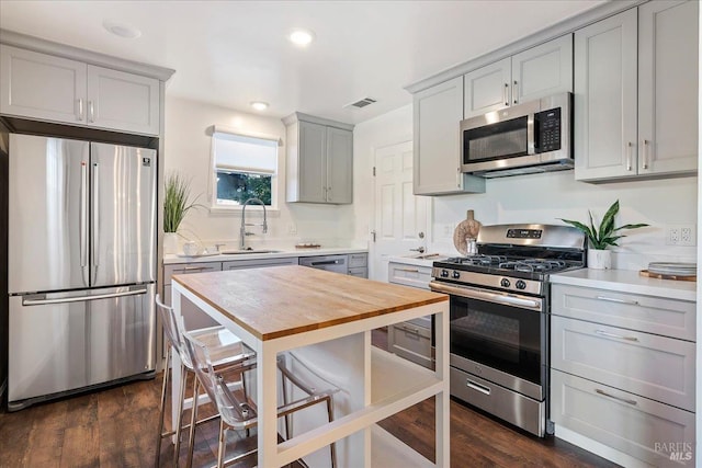 kitchen featuring dark hardwood / wood-style flooring, gray cabinetry, stainless steel appliances, sink, and butcher block counters