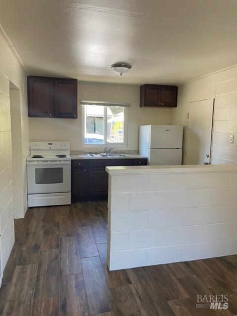 kitchen featuring dark hardwood / wood-style floors, dark brown cabinets, white appliances, and sink