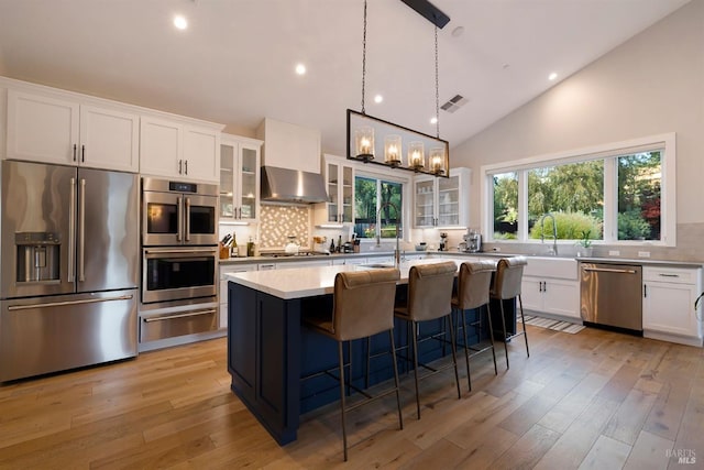 kitchen featuring a kitchen island with sink, hanging light fixtures, white cabinetry, and stainless steel appliances