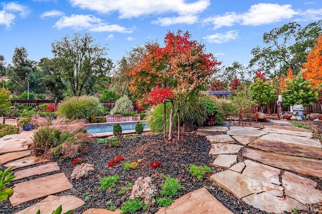 view of yard featuring a fenced backyard, a fenced in pool, and a patio