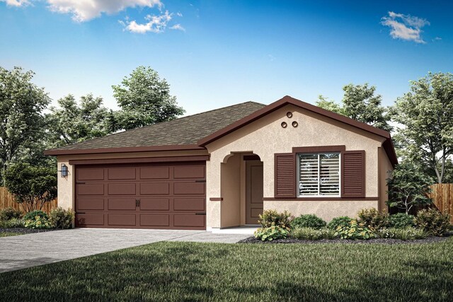 single story home with a garage and a front lawn