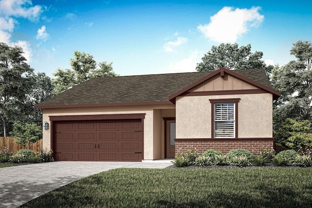 single story home with driveway, fence, a front yard, a garage, and brick siding