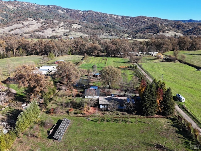 birds eye view of property featuring a mountain view and a rural view