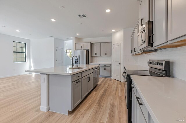 kitchen with light wood-type flooring, a sink, appliances with stainless steel finishes, backsplash, and gray cabinetry
