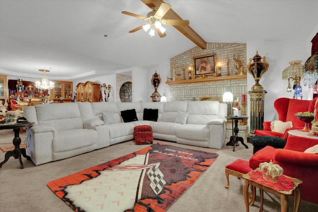 living area featuring vaulted ceiling with beams, carpet floors, and ceiling fan with notable chandelier