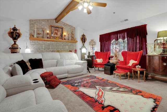 carpeted living area featuring vaulted ceiling with beams, visible vents, and a ceiling fan