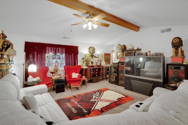 carpeted living room featuring vaulted ceiling with beams, ceiling fan, and visible vents