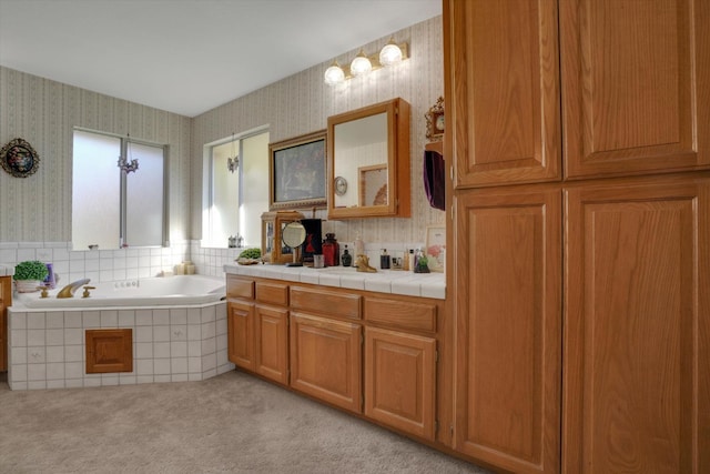 full bath with a garden tub, a shower stall, and wallpapered walls