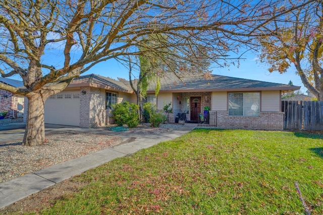 ranch-style house with a front lawn, brick siding, fence, and an attached garage