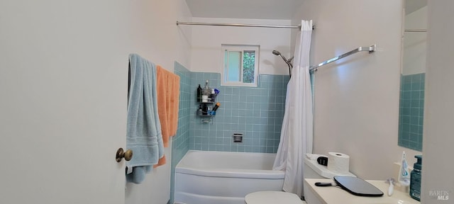 bathroom with toilet and shower / bathtub combination with curtain