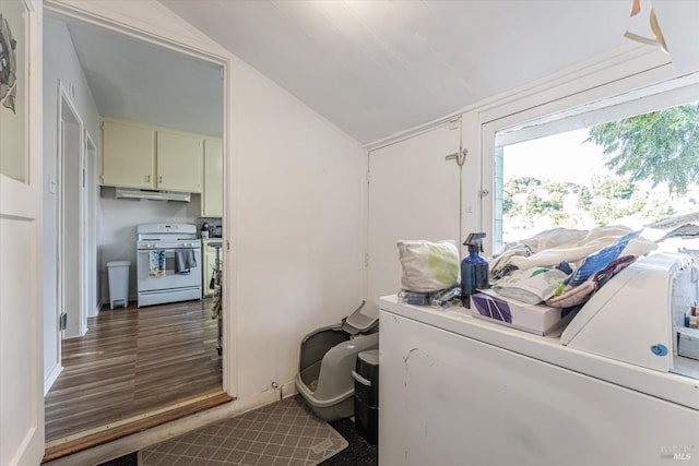 washroom with cabinets, dark hardwood / wood-style flooring, and washer and clothes dryer