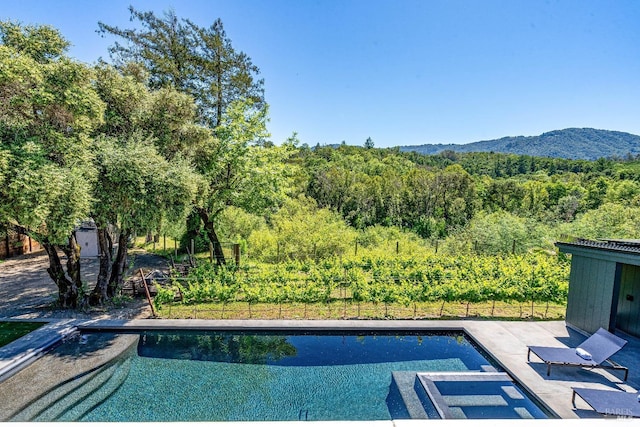 view of pool featuring a mountain view and a patio area