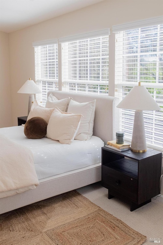 carpeted bedroom with multiple windows