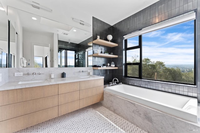 bathroom with vanity and separate shower and tub