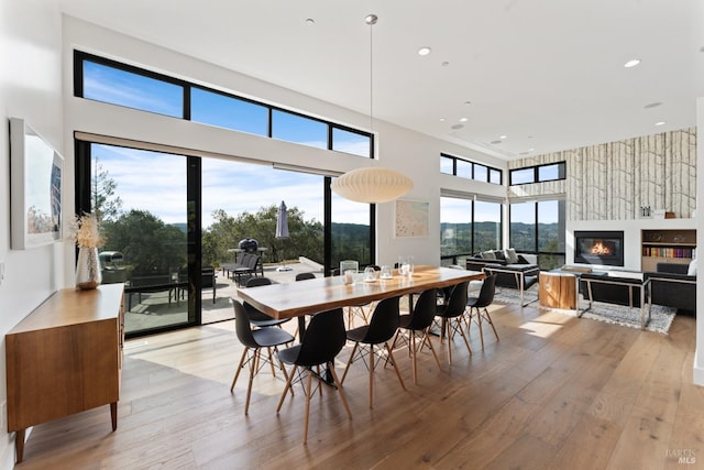 dining space with a towering ceiling and light hardwood / wood-style floors