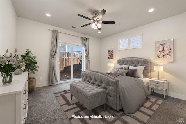 bedroom with carpet floors, access to outside, visible vents, and baseboards