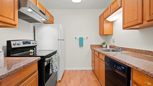 kitchen with exhaust hood, electric stove, sink, light wood-type flooring, and black dishwasher