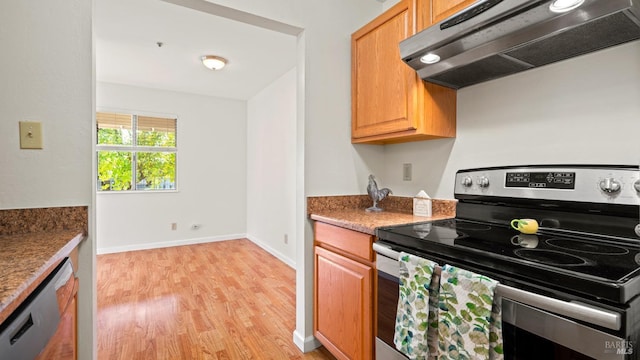 kitchen with light wood-type flooring, stainless steel appliances, and range hood