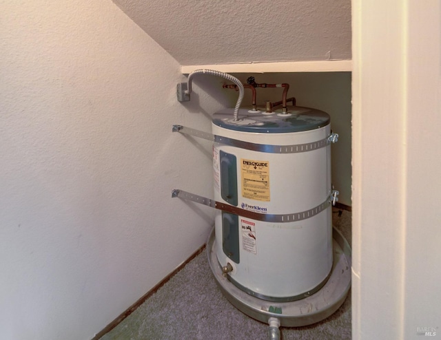 room details featuring carpet floors and water heater