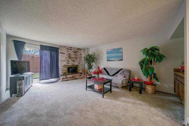 carpeted living room with a textured ceiling and a brick fireplace