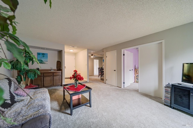 carpeted living room with a textured ceiling and sink