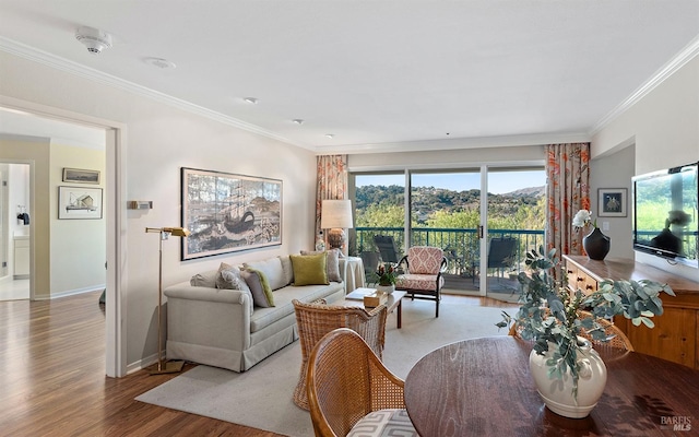 living room featuring light hardwood / wood-style floors and ornamental molding