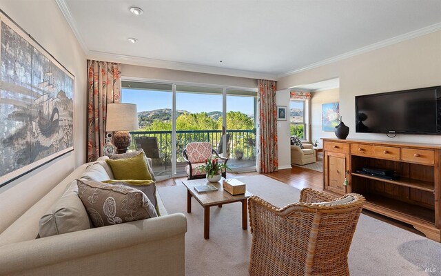 living room featuring a wealth of natural light, ornamental molding, and light wood-type flooring