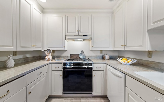 kitchen with black electric range, white cabinetry, dishwasher, and sink