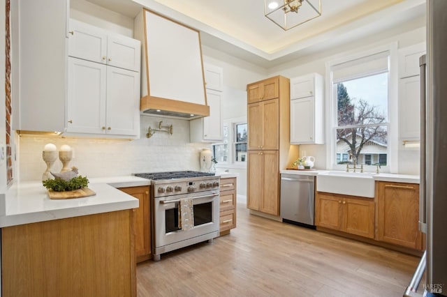 kitchen with premium range hood, light hardwood / wood-style flooring, premium appliances, backsplash, and white cabinets