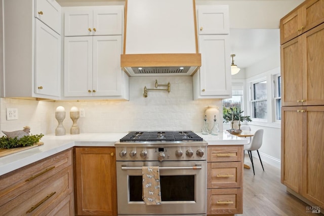 kitchen with premium range hood, white cabinetry, tasteful backsplash, high end stove, and light hardwood / wood-style floors