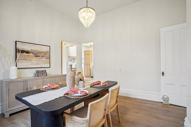 dining area featuring wood-type flooring and a chandelier