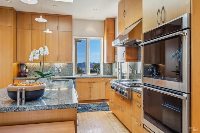 kitchen with tasteful backsplash, stainless steel appliances, exhaust hood, light hardwood / wood-style flooring, and stone counters