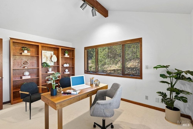 office space featuring light carpet and lofted ceiling with beams